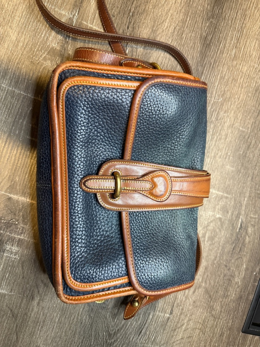 Dooney & Bourke Classic Blue Pebbled Leather Crossbody with Brown Trim